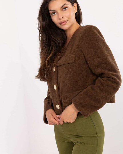 Elegant Brown Womens Short Jacket With Button Fastening