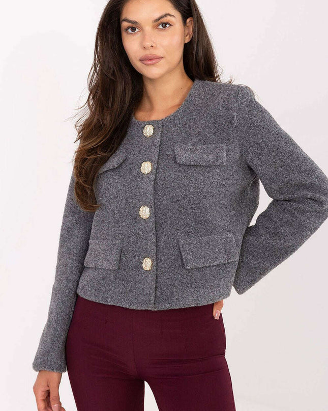Womens Grey Short Jacket With Classic Front Button