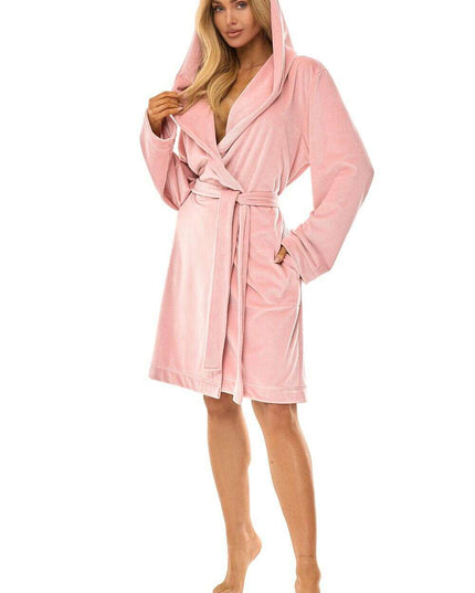 Women's Knee-Length Hooded Bathrobe with Pockets & Tie Belt – Très Elite
