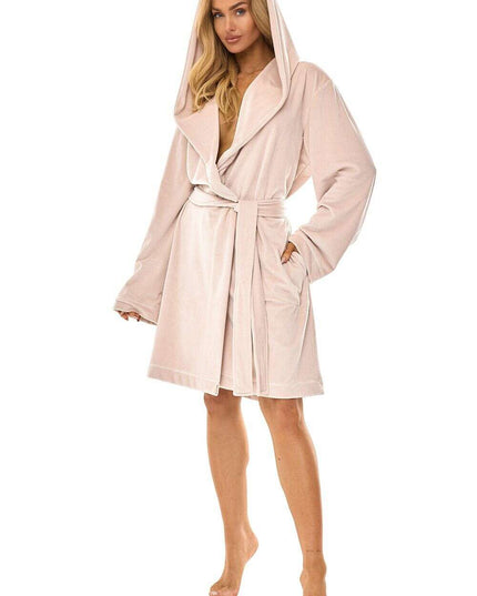 Knee-Length Women's Hooded Bathrobe with Pockets & Waist Tie – Très Elite