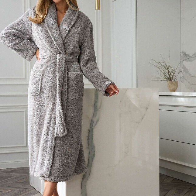 Women's Bathrobe with Embroidered Stars – Soft Fluffy Knit, Shawl Collar