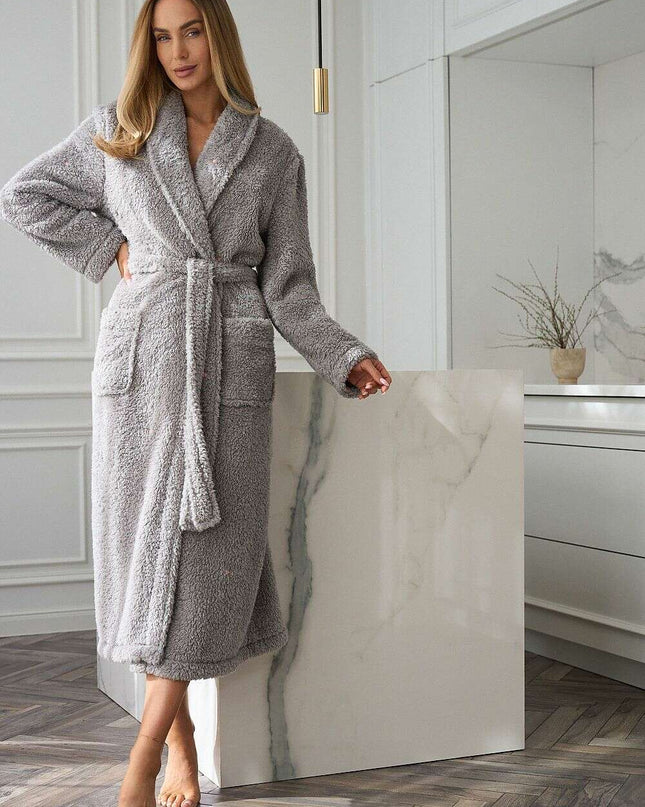 Women's Bathrobe with Embroidered Stars – Soft Fluffy Knit, Shawl Collar
