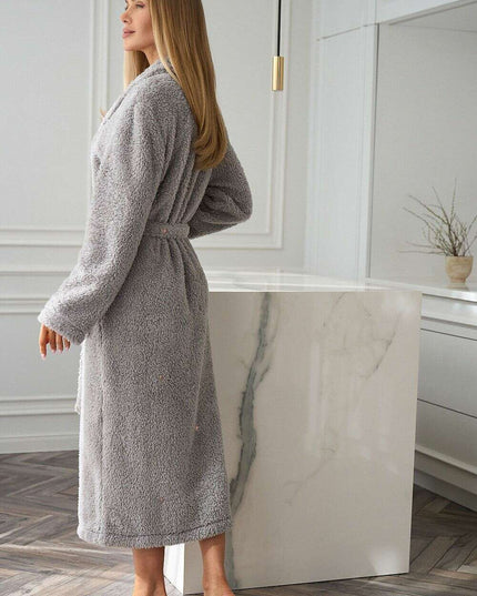 Women's Bathrobe with Embroidered Stars – Soft Fluffy Knit, Shawl Collar