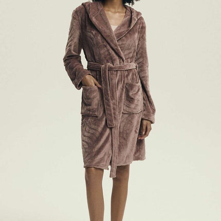 Women’s Hooded Bathrobe with Embossed Pattern & Pockets