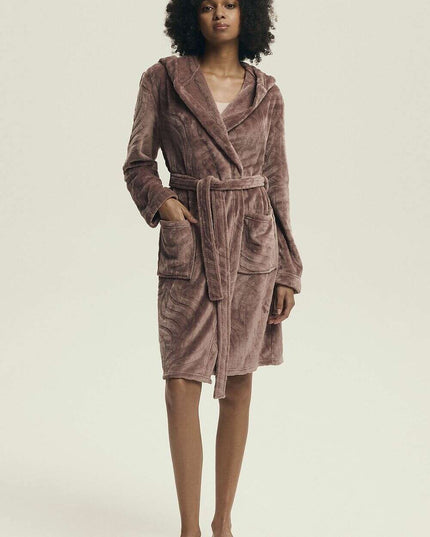 Women’s Hooded Bathrobe with Embossed Pattern & Pockets