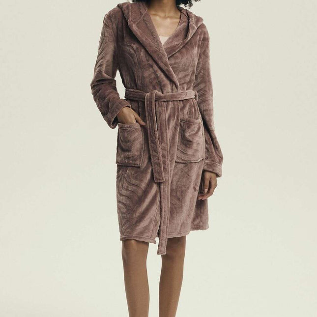 Women’s Hooded Bathrobe with Embossed Pattern & Pockets