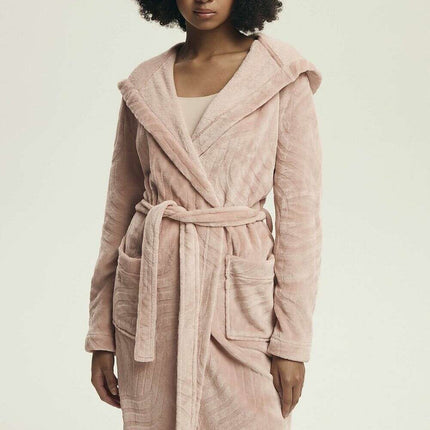 Women’s Hooded Bathrobe with Embossed Pattern & Pockets