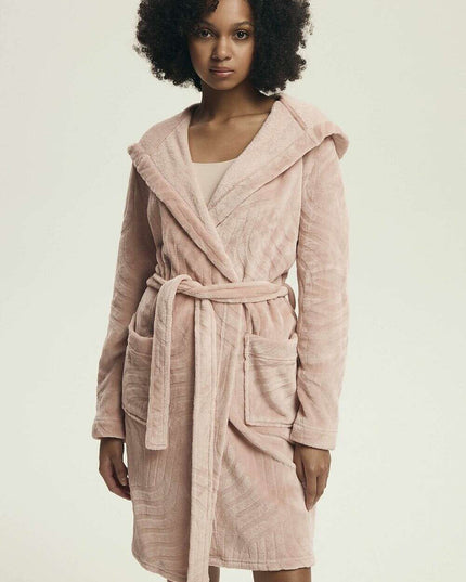 Women’s Hooded Bathrobe with Embossed Pattern & Pockets