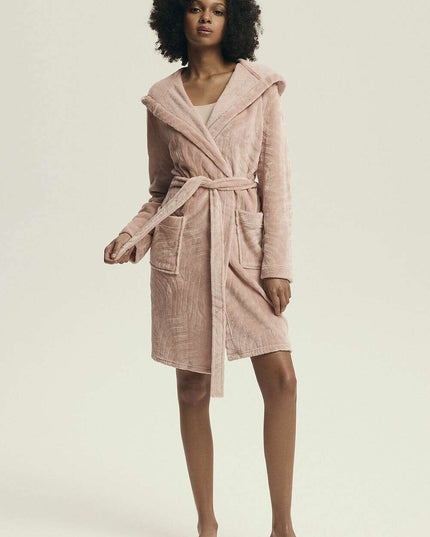 Women’s Hooded Bathrobe with Embossed Pattern & Pockets