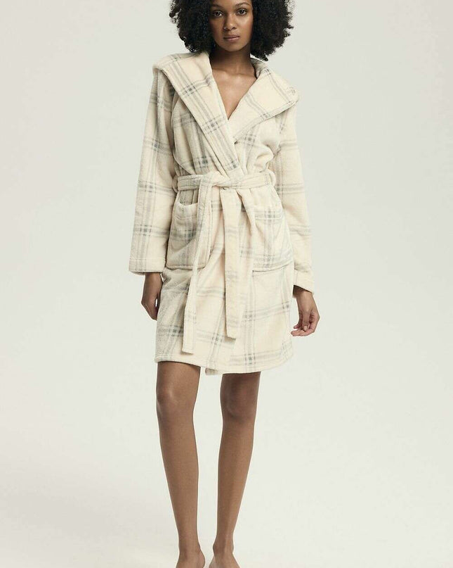 Women's Hooded Bathrobe with Pockets – Knee-Length, Feminine Print