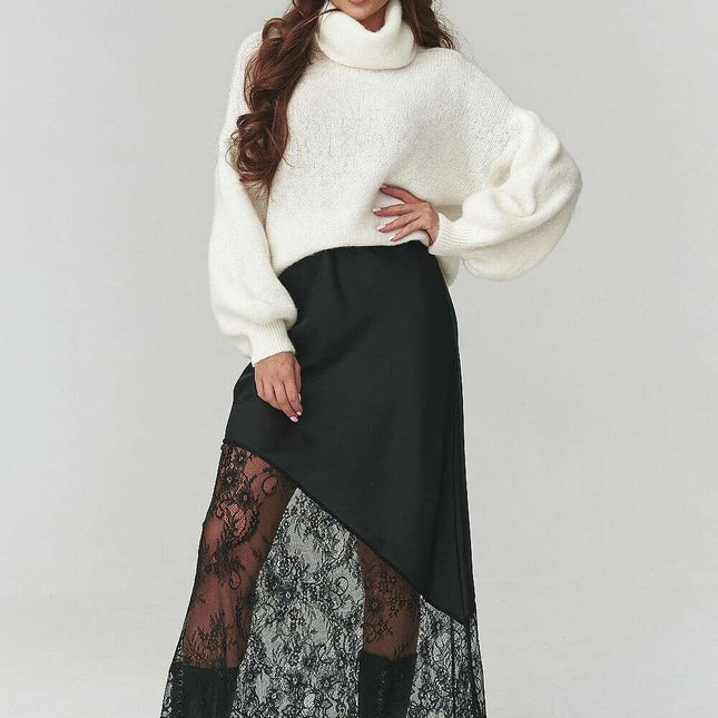 Asymmetrical Lace Insert Skirt – Modern Italian Elegance
