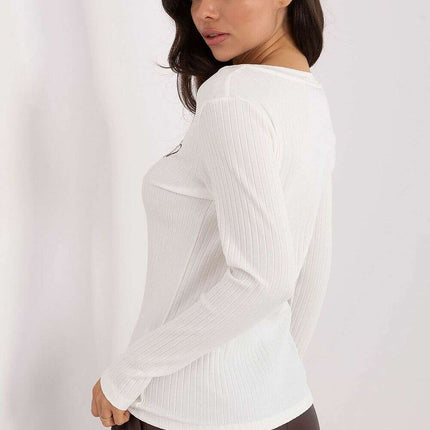 Ribbed Cotton Elastane V-Neck Blouse with Heart Embroidery
