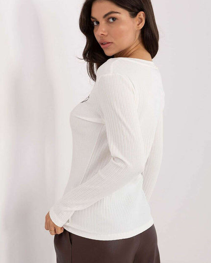 Ribbed Cotton Elastane V-Neck Blouse with Heart Embroidery