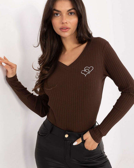 Ribbed Cotton Elastane V-Neck Blouse with Heart Embroidery