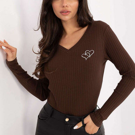 Ribbed Cotton Elastane V-Neck Blouse with Heart Embroidery