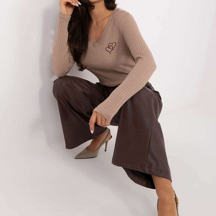 Ribbed Cotton Elastane V-Neck Blouse with Heart Embroidery