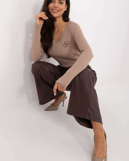 Ribbed Cotton Elastane V-Neck Blouse with Heart Embroidery