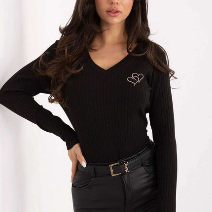 Ribbed Cotton Elastane V-Neck Blouse with Heart Embroidery