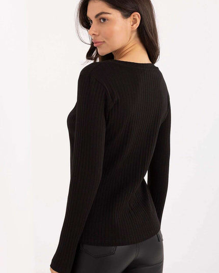 Ribbed Cotton Elastane V-Neck Blouse with Heart Embroidery