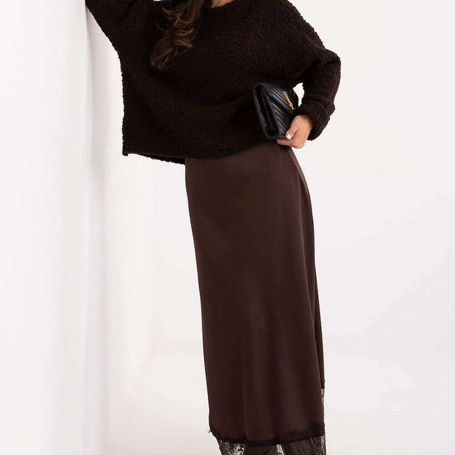 Elegant Satin Maxi Skirt with Lace Hem & Elastic Waistband
