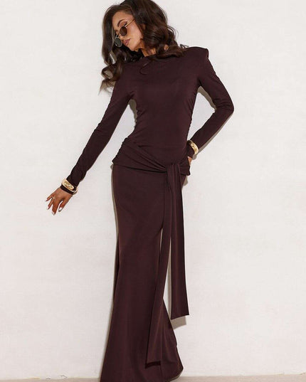 Long Sleeve Floor Length Dress with Shoulder Pads & Waist Sash