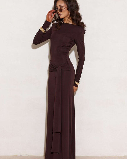 Long Sleeve Floor Length Dress with Shoulder Pads & Waist Sash