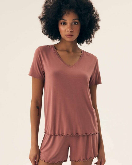 Women’s Viscose Pajama Set – Lace Trim, Short Sleeve Top & Shorts