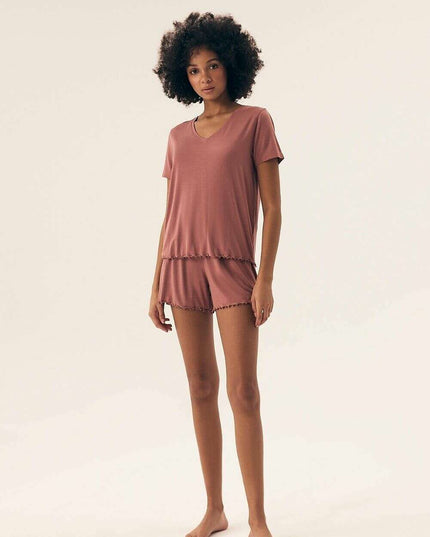 Women’s Viscose Pajama Set – Lace Trim, Short Sleeve Top & Shorts