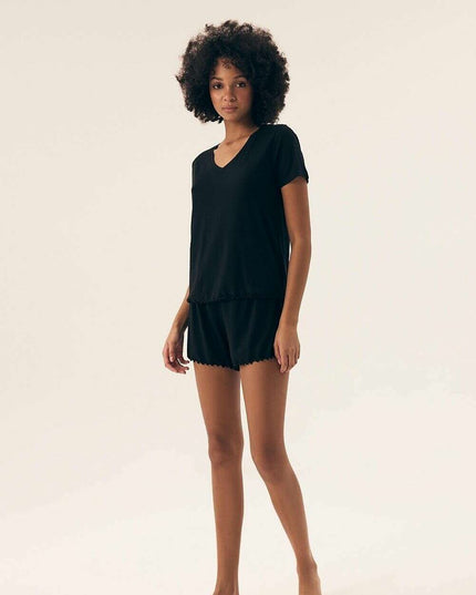 Women’s Viscose Pajama Set – Lace Trim, Short Sleeve Top & Shorts