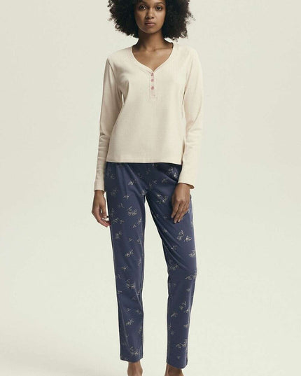 Women's Breathable Cotton Pajama Set – V-Neck Top & Printed Pants