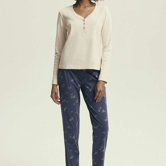 Women's Breathable Cotton Pajama Set – V-Neck Top & Printed Pants