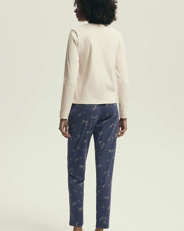 Women's Breathable Cotton Pajama Set – V-Neck Top & Printed Pants