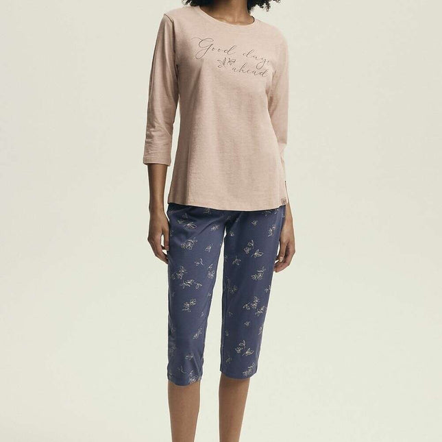 Women's Cotton Pajama Set – Printed Top & 3/4 Pants