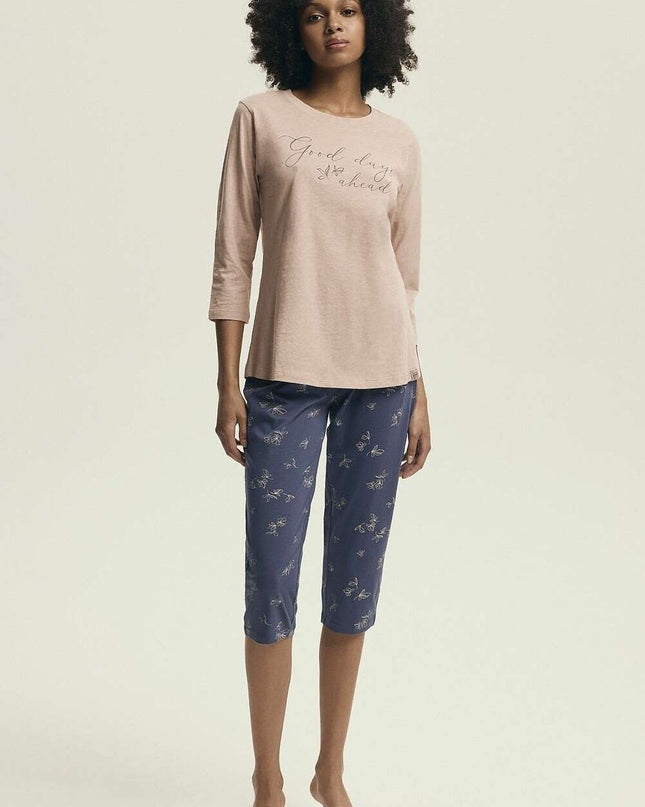 Women's Cotton Pajama Set – Printed Top & 3/4 Pants