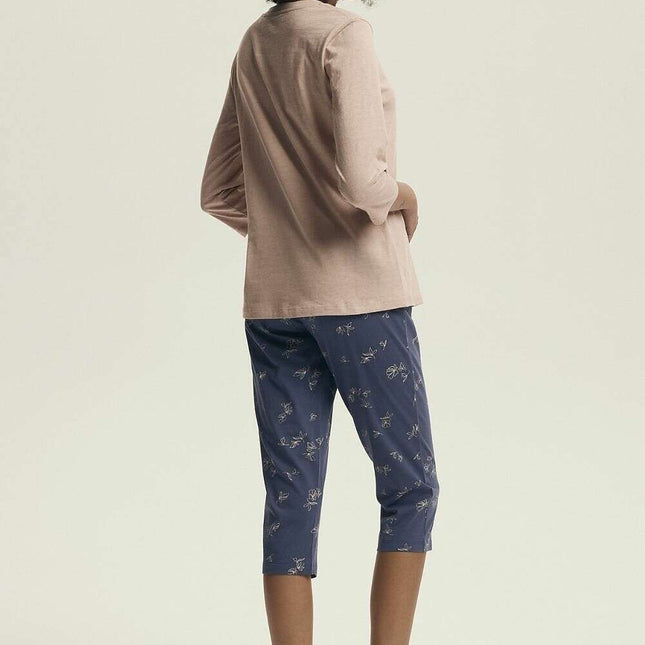 Women's Cotton Pajama Set – Printed Top & 3/4 Pants