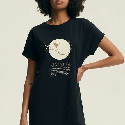 Women's Knee-Length Cotton Nightshirt – U-Neck, Relaxed Fit & Print