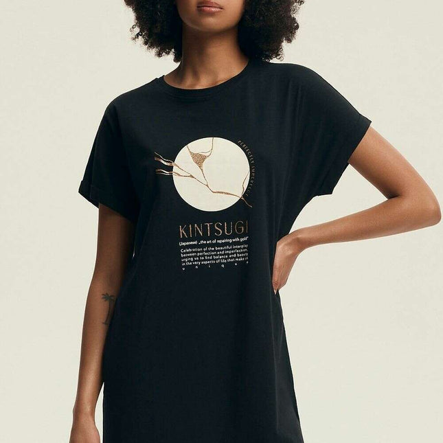 Women's Knee-Length Cotton Nightshirt – U-Neck, Relaxed Fit & Print