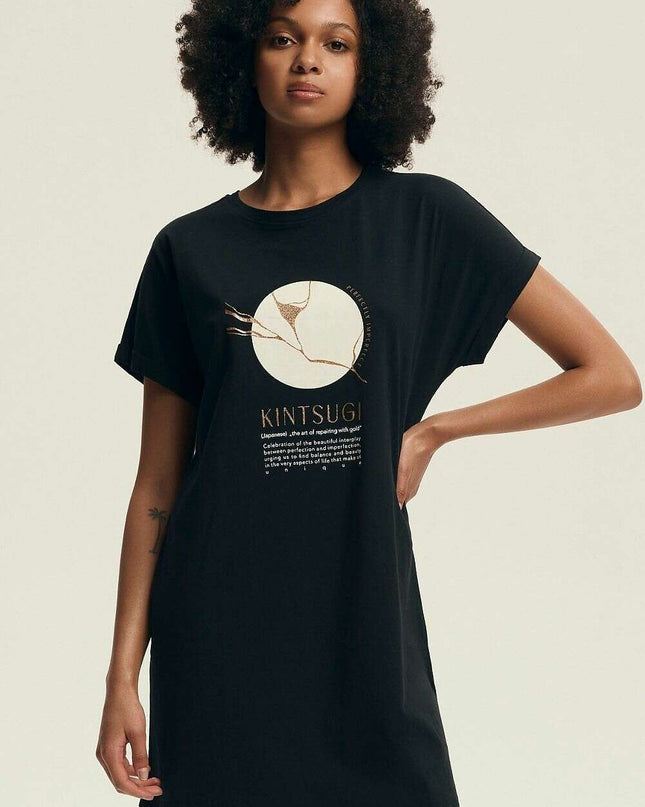 Women's Knee-Length Cotton Nightshirt – U-Neck, Relaxed Fit & Print