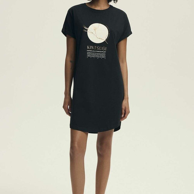 Women's Knee-Length Cotton Nightshirt – U-Neck, Relaxed Fit & Print