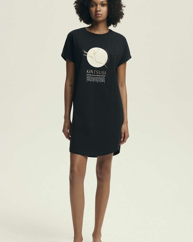 Women's Knee-Length Cotton Nightshirt – U-Neck, Relaxed Fit & Print