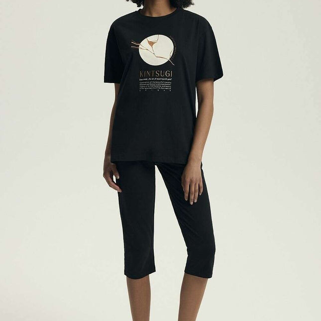 Women's Printed Cotton Pajama Set – Soft Short Sleeve Top & Slim Pants