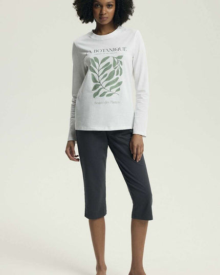 Women's 100% Cotton Pajama Set – Round Neck Top & Slim Pants