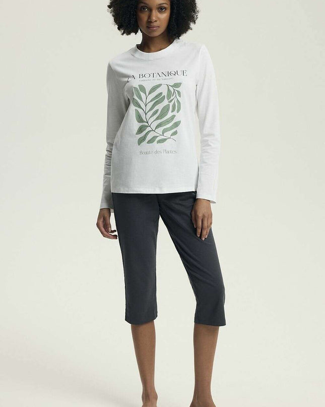 Women's 100% Cotton Pajama Set – Round Neck Top & Slim Pants