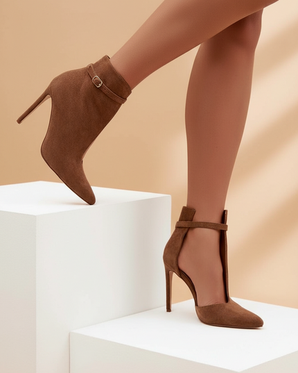 Women's Eco Suede Ankle Boots – Slim Heel, Pointed Toe & Buckle Strap
