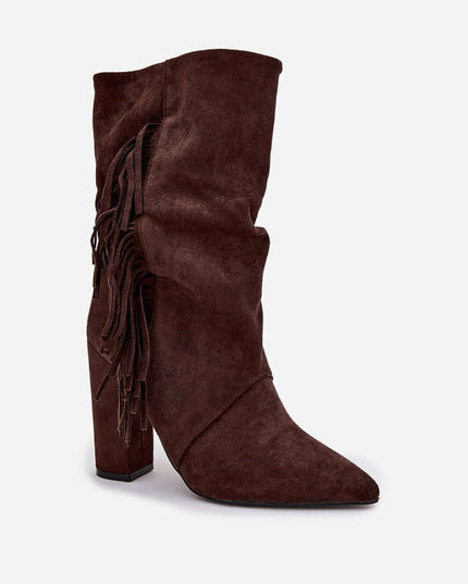 Women's Eco Suede Slip-On Ankle Boots – Pointed Toe & Fringe Detail
