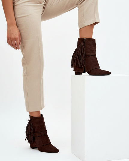 Women's Eco Suede Ankle Boots – Fringes, Overlapping Upper & Gold Buckles