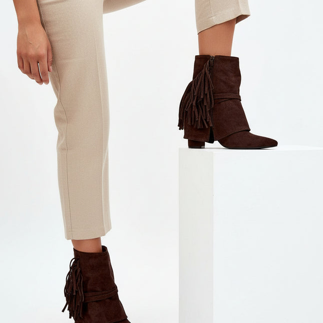 Women's Eco Suede Ankle Boots – Fringes, Overlapping Upper & Gold Buckles