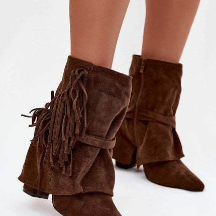 Women's Eco Suede Ankle Boots – Fringes, Overlapping Upper & Gold Buckles