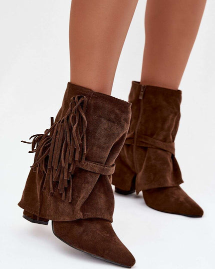 Women's Eco Suede Ankle Boots – Fringes, Overlapping Upper & Gold Buckles