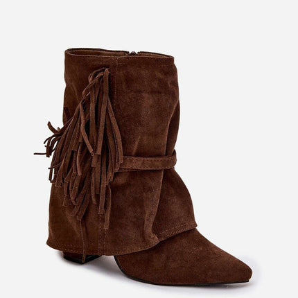 Women's Eco Suede Ankle Boots – Fringes, Overlapping Upper & Gold Buckles